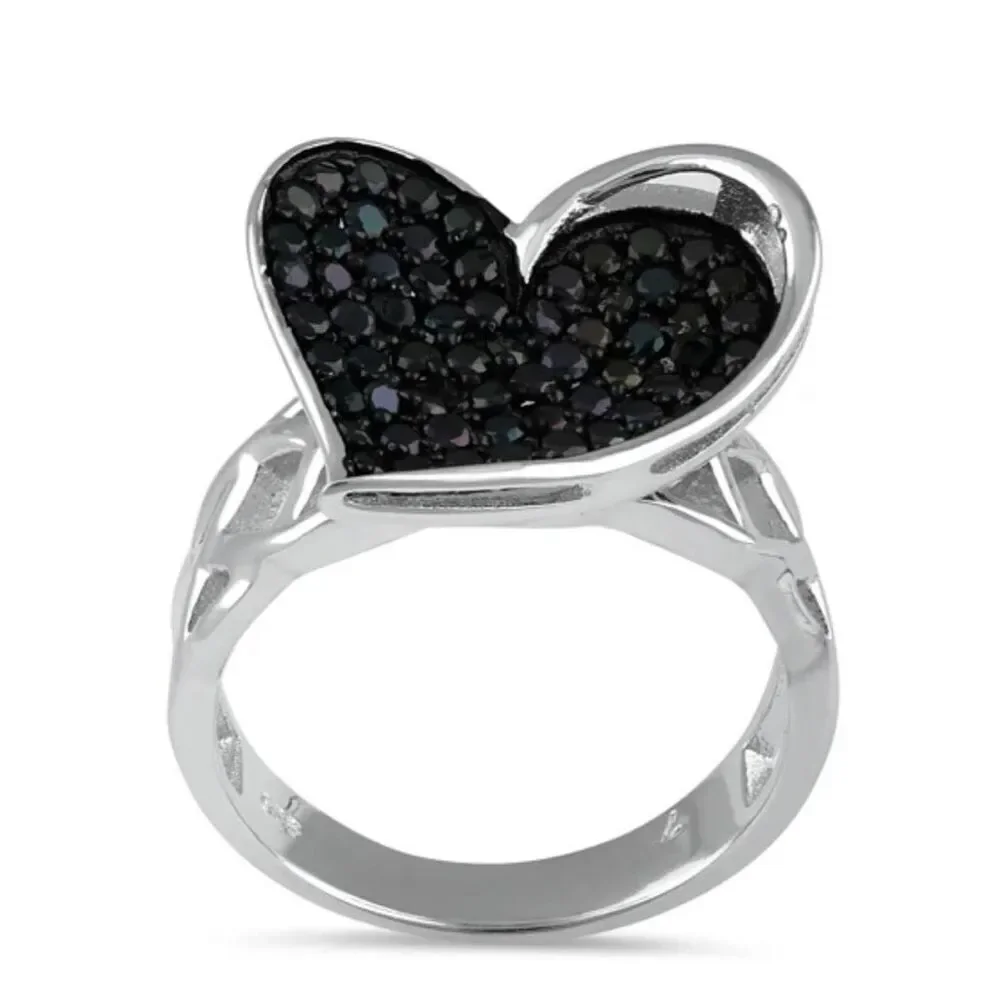 Sterling Silver CZ Black Heart Fine Ring – Elegant Contrast & Intricate Design